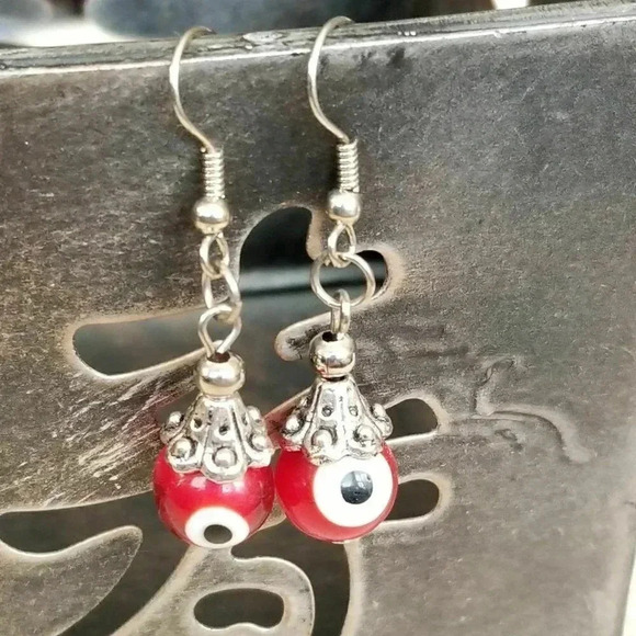 Handmade Evil Eye Red Talisman Drop Earrings - Picture 2 of 5